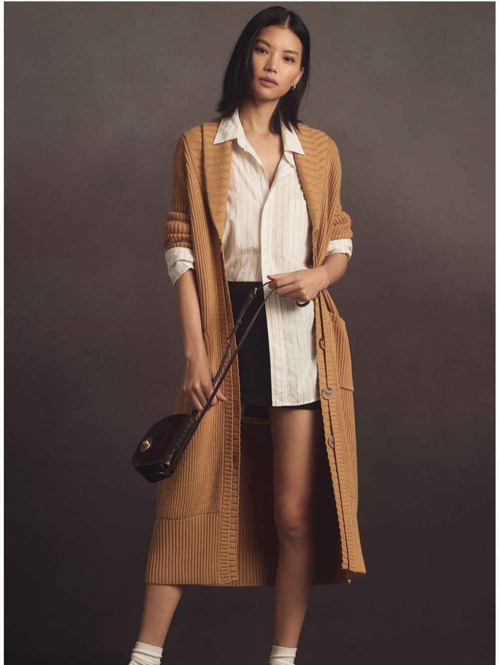 Anthropologie Long Camel Ribbed Open-Front Cardigan